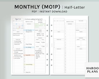 May include: A printable monthly planner in a half-letter size PDF format. The planner includes sections for goals, priorities, checklists, income, expenses, and notes. The planner is designed for August 2021 and includes a calendar grid, a monthly plan section, and a challenge section.
