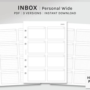 Puede incluir: Tres páginas imprimibles para una agenda personal ancha. Las páginas están etiquetadas como "Inbox" y presentan diferentes diseños: rayado, en blanco y cuadriculado.