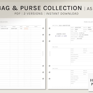 Colección de bolsos y carteras / Plantillas de agenda imprimibles A5 / Hojas con plantillas de listas de artículos de bolsos / Hoja de trabajo para coleccionar carteras / Descarga digital