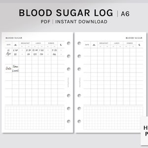 以下が含まれることがあります： A6サイズの印刷可能な血糖値ログ。グリッドレイアウトで、血糖値、日付、時間、食事を記録できます。リングバインダーで使用できるように設計されています。