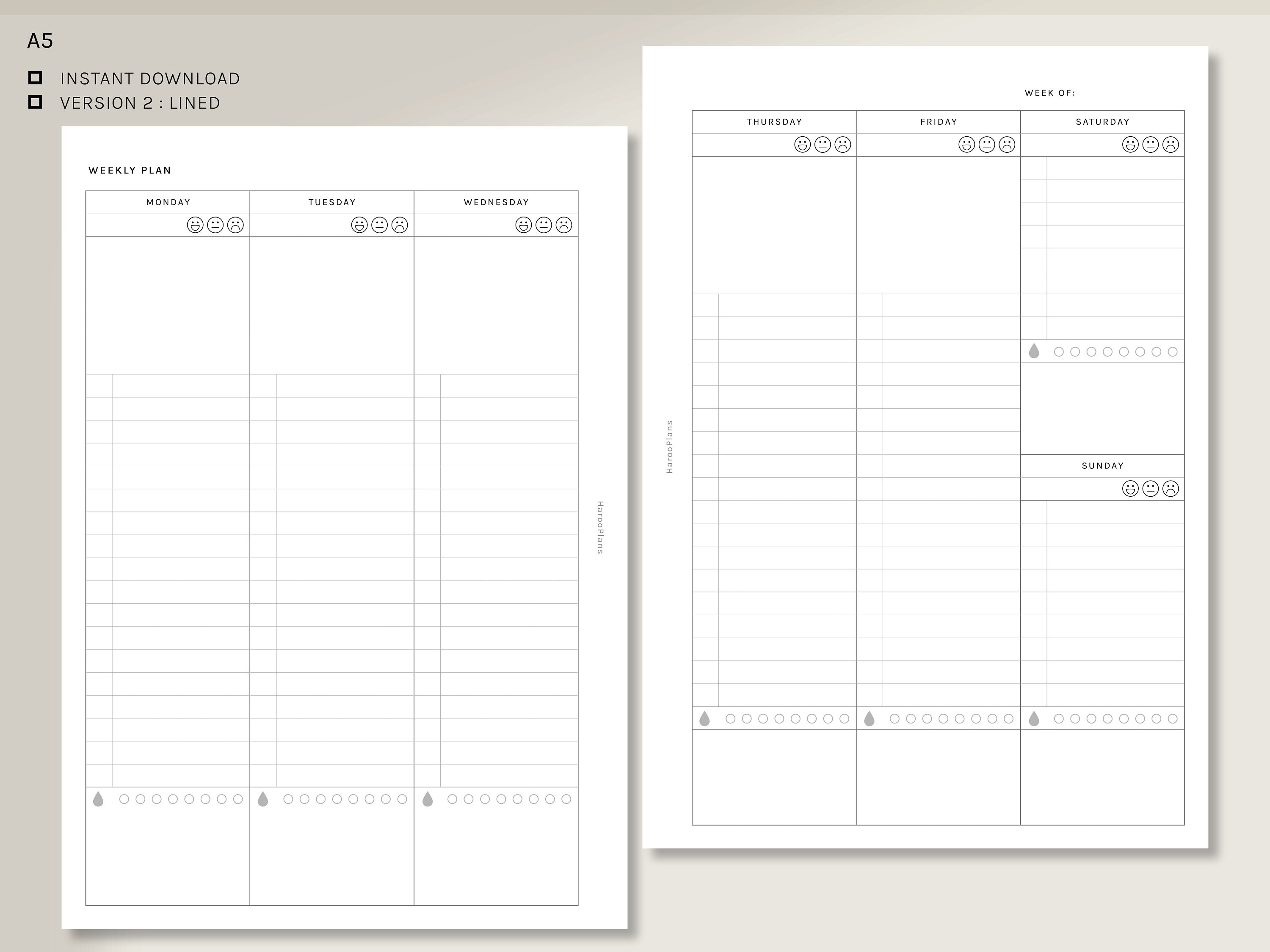 Weekly Planner | A5 Printable Planner Inserts | WO2P Layout Template ...