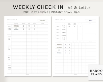 Op de afbeelding: Een printbare wekelijkse check-in budgetplanner in twee versies, A4 en Letter formaat. De planner bevat secties voor categorieën, budget, uitgegeven, saldo en notities. De planner is ontworpen voor september en bevat data voor elke week.