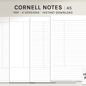 May include: Four different styles of Cornell note-taking templates in A5 size. The templates include a grid, blank, lined, and lined with a vertical line down the centre. The templates are all white with black lines. The text at the top of the image reads "Cornell Notes | A5 | PDF | 4 Versions | Instant Download". The text at the bottom of the image reads "HAROO PLANS".