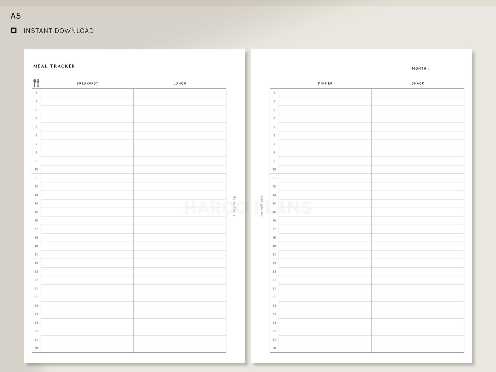 Monthly Meal Tracker | A5 Printable Planner Inserts | MO2P Monthly Diet ...