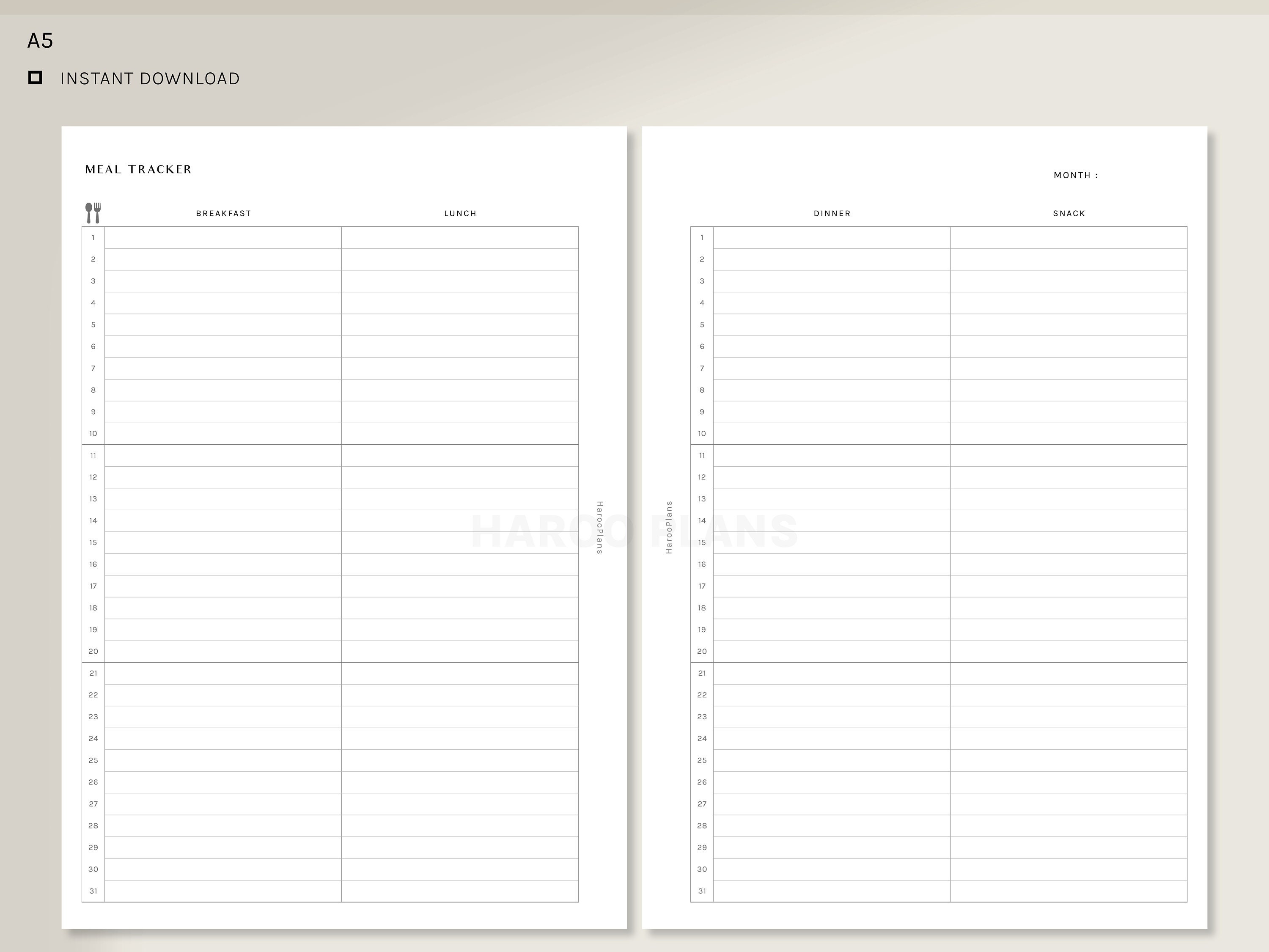 Monthly Meal Tracker | A5 Printable Planner Inserts | MO2P Monthly Diet ...