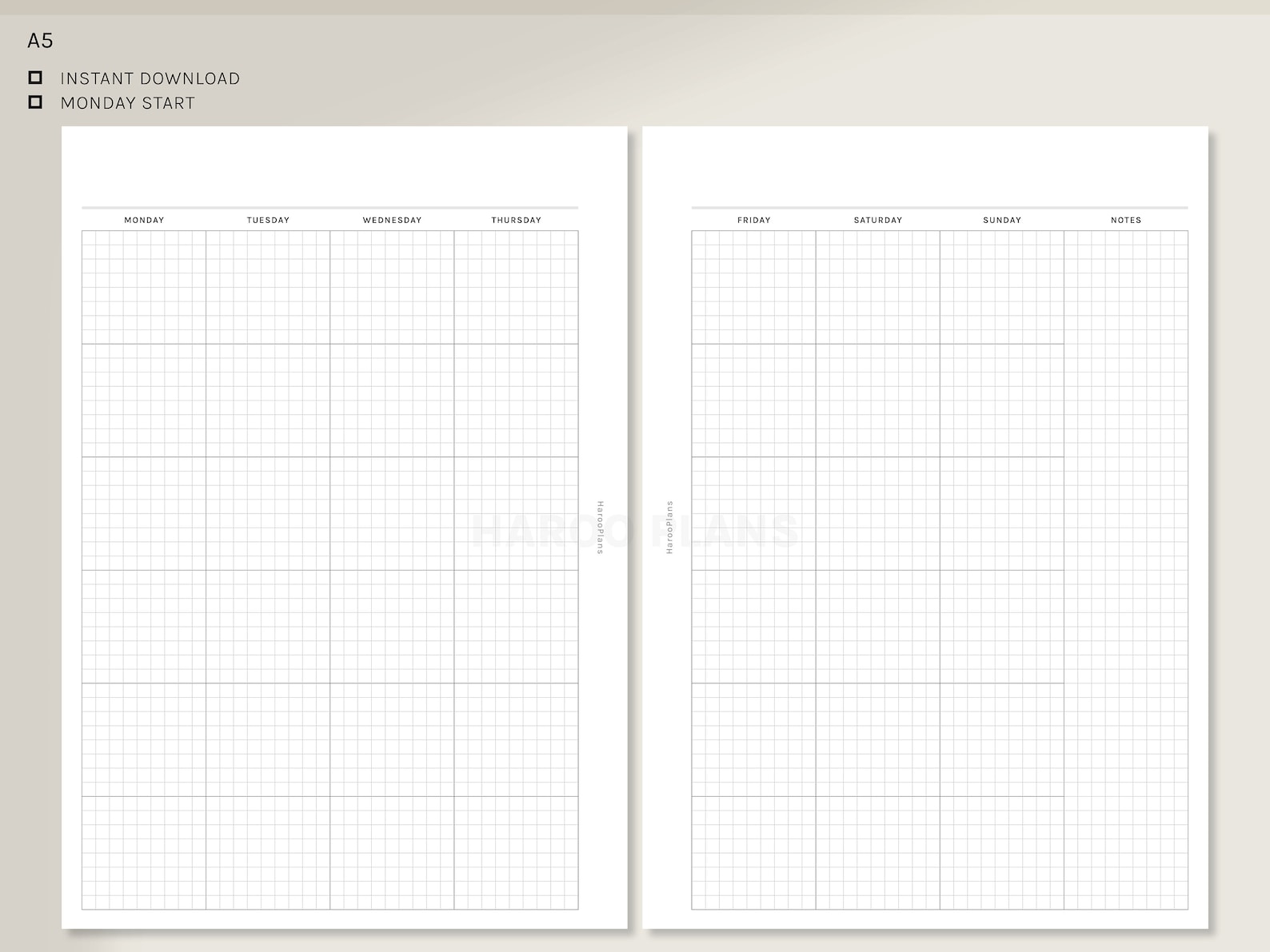 Undated Monthly | A5 Printable Planner Inserts | Grid Layout Calendar ...