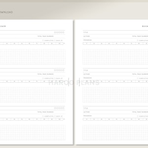 Op de afbeelding: Een printbare boektracker met vier secties om boektitels, auteurs, het totale aantal pagina's en de voortgang vast te leggen. Elke sectie heeft een raster om de voortgang bij te houden en selectievakjes voor voltooid en opgegeven.