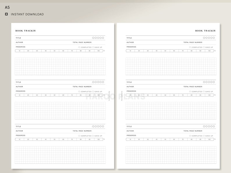 Op de afbeelding: Een printbare boektracker met vier secties om boektitels, auteurs, het totale aantal pagina's en de voortgang vast te leggen. Elke sectie heeft een raster om de voortgang bij te houden en selectievakjes voor voltooid en opgegeven.