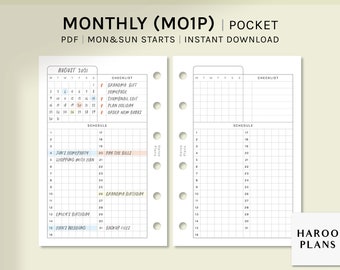 Monthly Planner | Pocket Size Printable Inserts | Undated Monthly Overview Template | MO1P Month on one page PDF | Digital Download