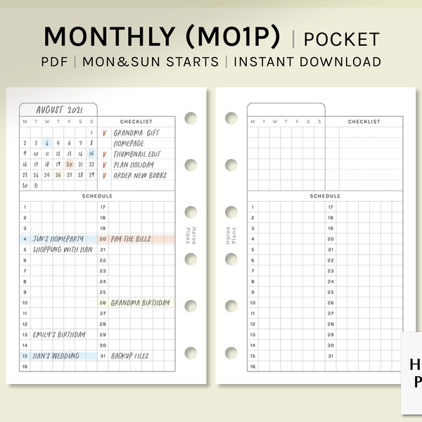 Monatsplaner | Taschengröße Druckbare Einsätze | Undatierte Monatsübersichtsvorlage | MO1P Monat auf einer Seite PDF | Digitaler Download