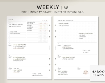 Simple Weekly / A5 Printable Planner Inserts / Monday Start / Undated WO2P Task Tracker Template / Organizer Sheet PDF / Digital Download