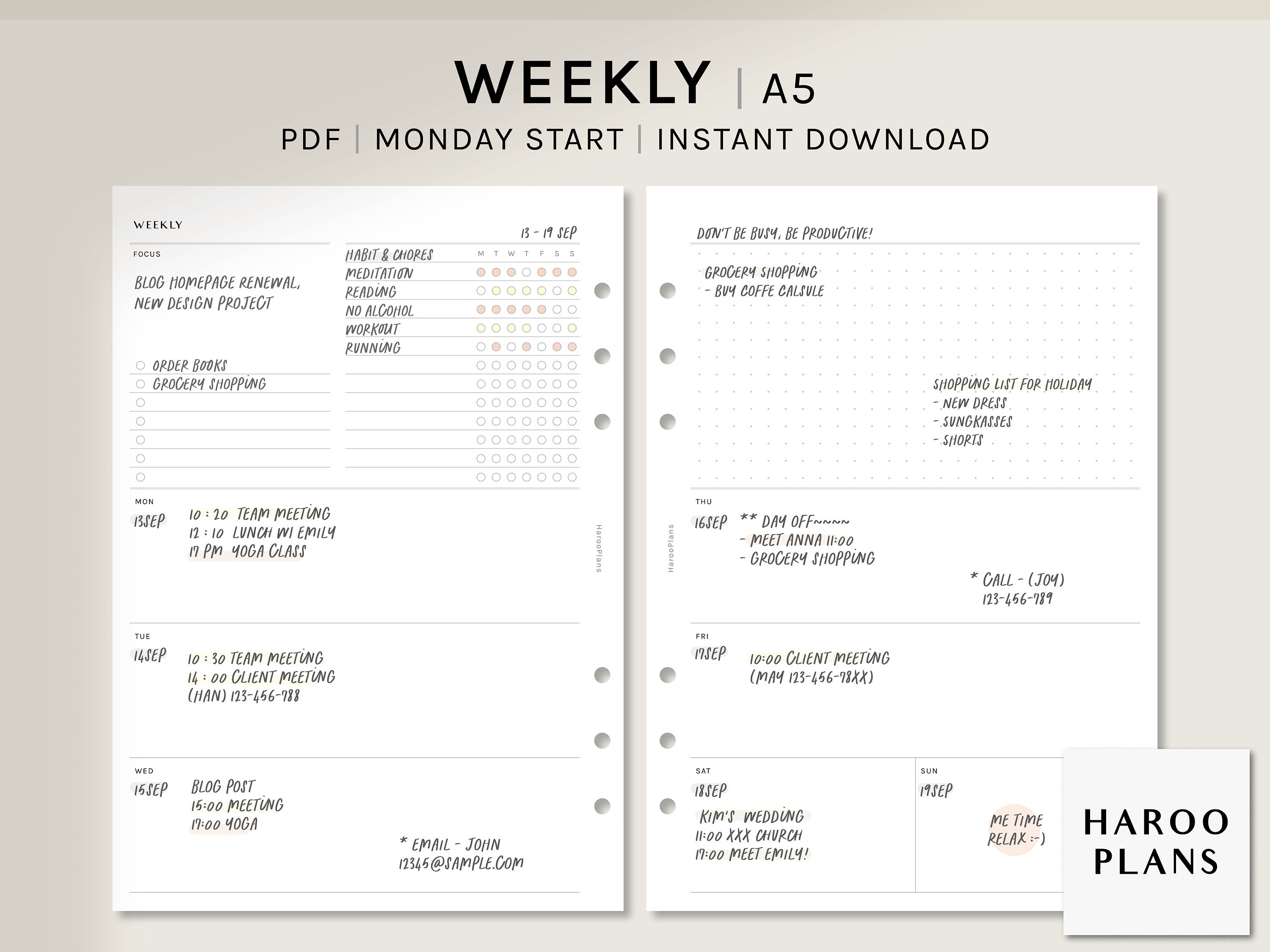 Simple Weekly | A5 Printable Planner Inserts | Monday Start | Undated ...