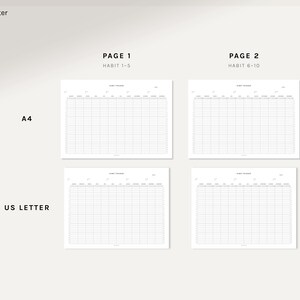 以下が含まれることがあります： 4枚の白い習慣トラッカー印刷可能シート。2枚はA4サイズ、2枚はUSレターサイズです。各シートには習慣を追跡するためのグリッドがあり、「PAGE 1 HABIT 1-5」と「PAGE 2 HABIT 6-10」のテキストがあります。
