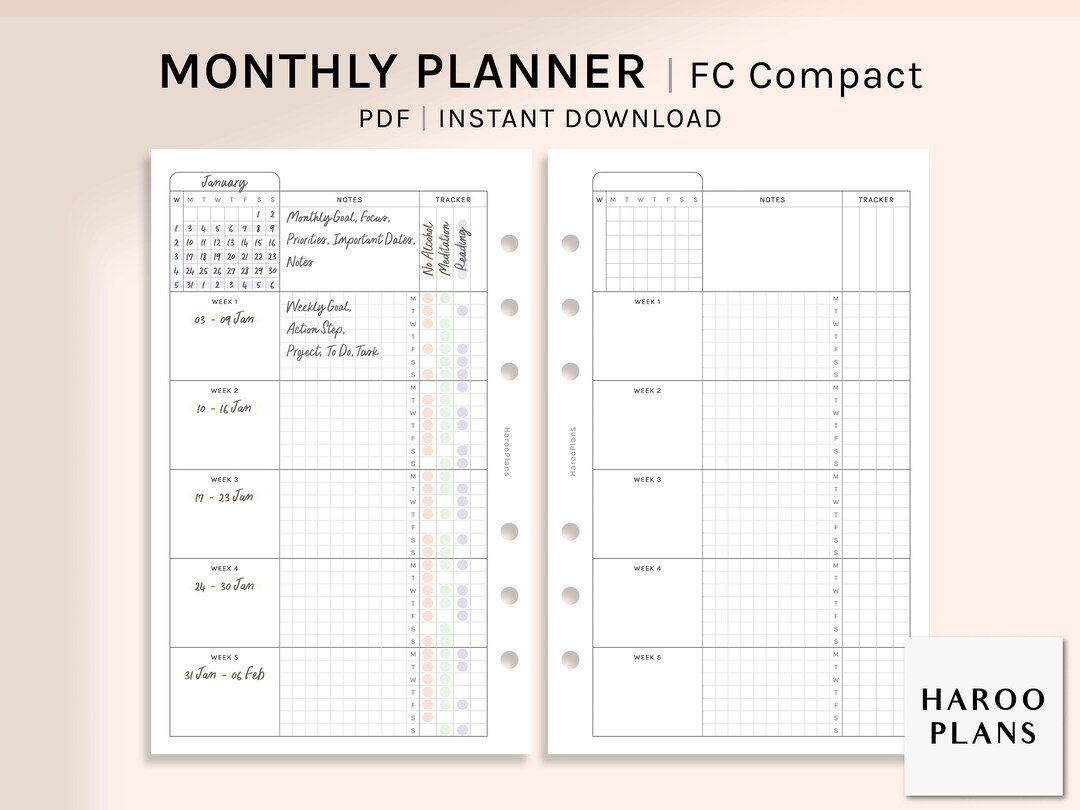 Monthly | FC Compact Printable Planner Inserts | MO1P Organizer ...