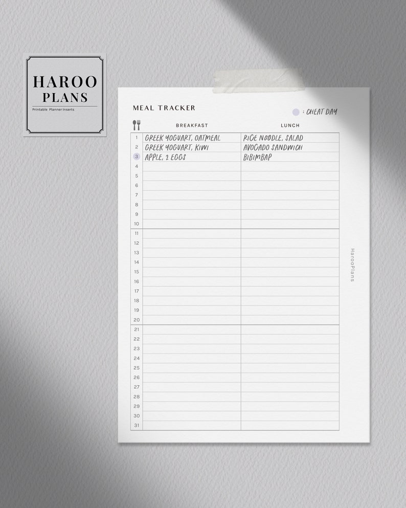 Monthly Meal Tracker | A6 Printable Planner Inserts | MO2P Diet Menu ...