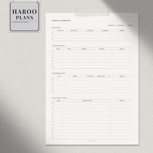 May include: A printable travel planner with sections for car rental, transportation, accommodation, and activities. The planner has a simple design with black text on a white background.