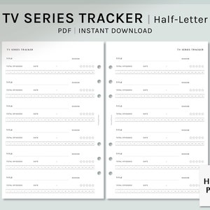 May include: A white TV series tracker printable with the text "TV SERIES TRACKER | Half-Letter PDF | INSTANT DOWNLOAD". The tracker includes sections for title, total episodes, date, season, and a rating scale.