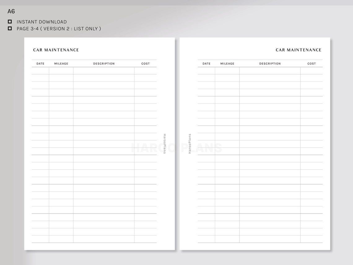 Car Maintenance | A6 Printable Planner Inserts | Auto Repair Log ...
