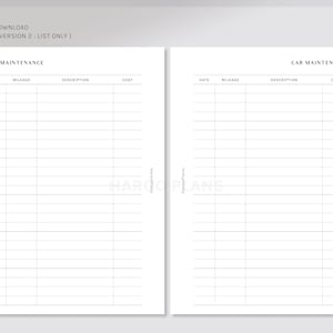 Peut inclure: Un journal d'entretien automobile imprimable avec deux pages. Chaque page comporte des colonnes pour la date, le kilom&eacute;trage, la description et le co&ucirc;t.