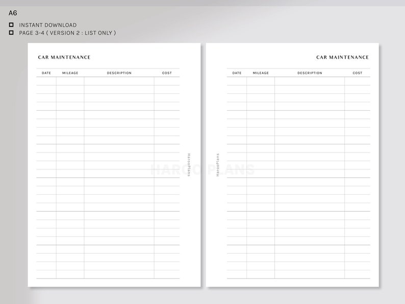 Peut inclure: Un journal d'entretien automobile imprimable avec deux pages. Chaque page comporte des colonnes pour la date, le kilom&eacute;trage, la description et le co&ucirc;t.