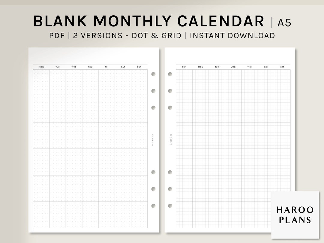 Undated Monthly Calendar | A5 Printable Planner Inserts | Dot Grid MO1P ...