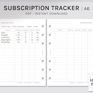 Abo Tracker | A6 Druckbare Planereinlagen | Monatsübersichtsliste | Spesenbuch Pdf| Digitaler Download