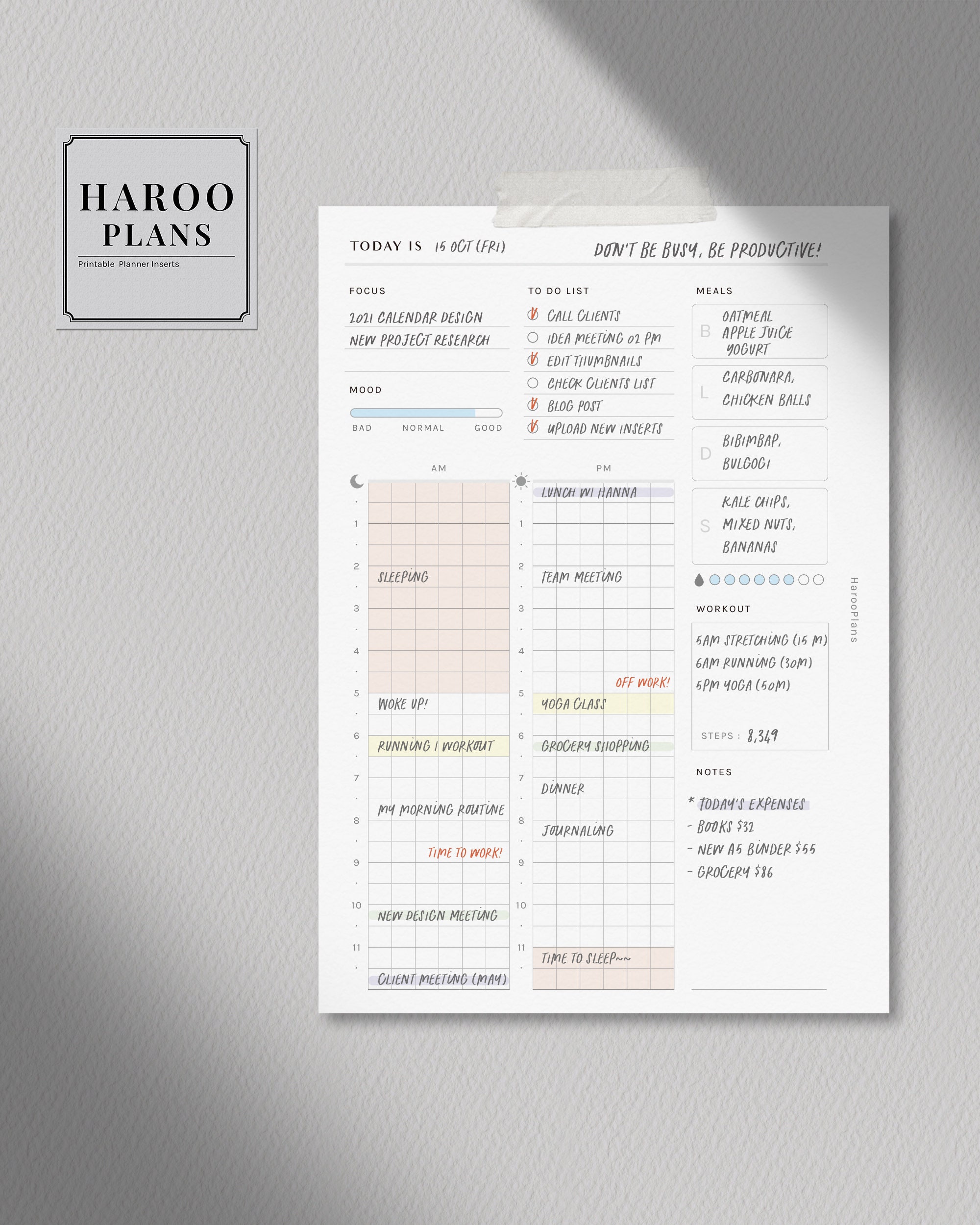 Daily Wellness Planner | Personal Wide Printable Inserts | Day Schedule ...