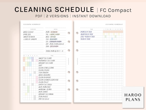Cleaning Schedule | FC Compact size Printable Planner Inserts | Housekeeping Routine template | Home Chores Task List PDF | Digital Download