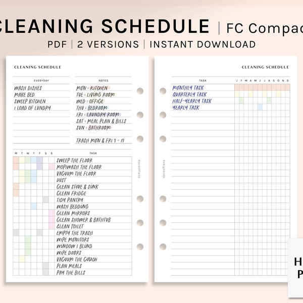 Cleaning Schedule | FC Compact size Printable Planner Inserts | Housekeeping Routine template | Home Chores Task List PDF | Digital Download