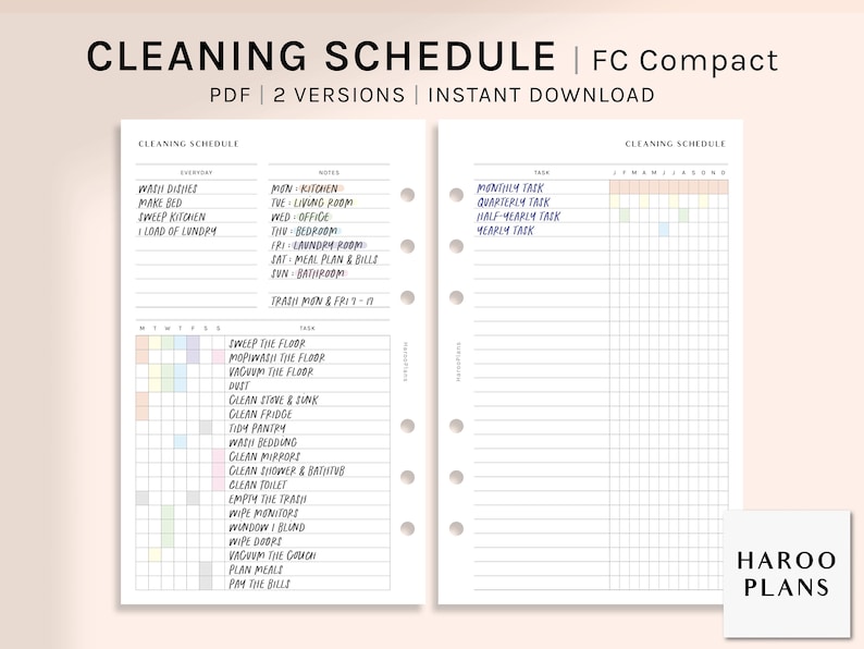 May include: A printable cleaning schedule planner in a light blue and white color scheme. The planner includes a daily, weekly, and monthly cleaning schedule with a checklist of tasks. The planner is labeled "Cleaning Schedule" and "FC Compact".