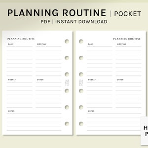 May include: Two printable pages for a pocket planner with sections for daily, monthly, weekly, and other tasks. The pages are titled "Planning Routine" and include a section for notes.