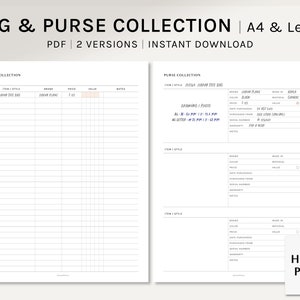 Bag & Purse Collection | A4, US Letter Printable Planner Inserts | Handbag Item List template | Wallet Collecting Sheet | Digital Download