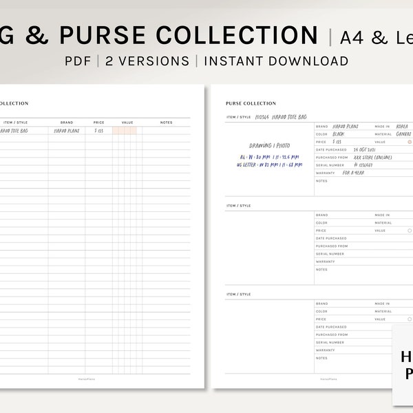 Bag & Purse Collection | A4, US Letter Printable Planner Inserts | Handbag Item List template | Wallet Collecting Sheet | Digital Download