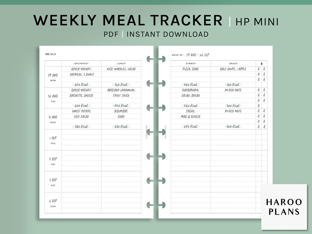 Weekly Meal Tracker | HP Mini Printable Happy Planner Inserts | Food ...