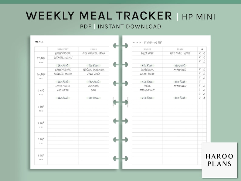 Weekly Meal Tracker | HP Mini Printable Happy Planner Inserts | Food ...