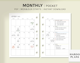 Ongedateerde maandelijkse planner | Afdrukbare inzetstukken op zakformaat | Eenvoudige MO2P-lay-outsjabloon | Lege Agenda Organizer PDF-| Digitale download