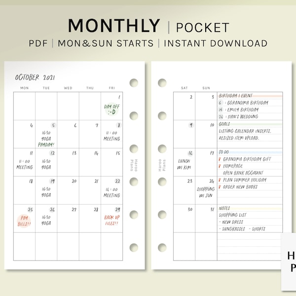 Undated Monthly Planner | Pocket Size Printable Inserts | Simple MO2P Layout Template | Blank Calendar Organizer PDF | Digital Download