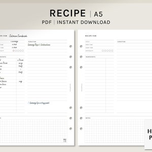 Hoja de recetas / Planificador imprimible A5 / Plantilla de libro de cocina en blanco / Notas del plan de menú de recetas / Idea de comida en formato PDF / Descarga digital