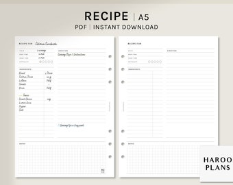 Recipe Sheet | A5 Printable Planner Inserts | Blank Cook book Template | Recipe Meal Menu Plan Notes | Food Idea PDF | Digital Download