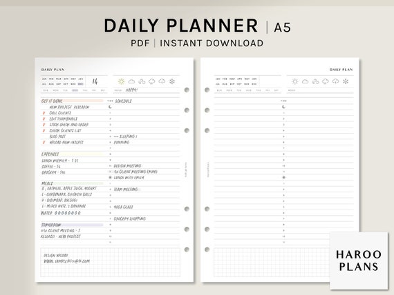 Daily Planner A5 Printable Planner Inserts 24hours | Etsy