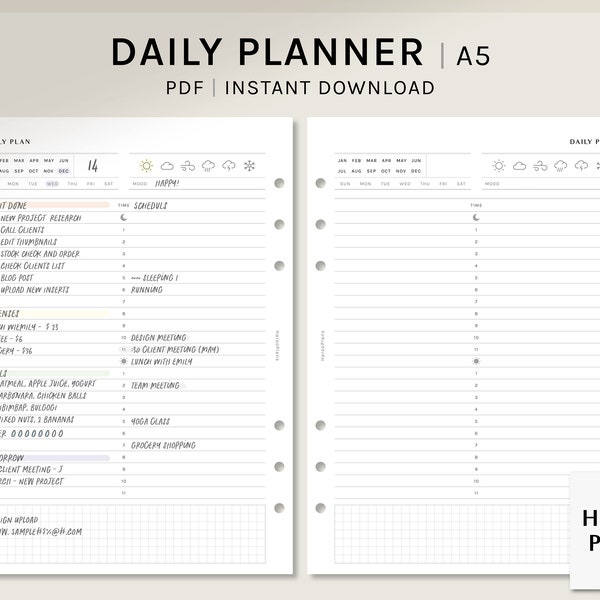 Daily Planner | A5 Printable Planner Inserts | 24hours Schedule Template | Hourly Timetable Diary | Simple Organizer PDF | Digital Download