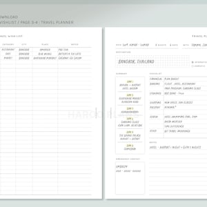 Op de afbeelding: Een printbare reisplanner met een checklist en een verlanglijst. De planner is ontworpen voor een reis naar Bangkok, Thailand. De checklist bevat items zoals financi&euml;le planning, het boeken van vluchten en het afsluiten van een reisverzekering. De verlanglijst bevat categorie&euml;n voor restaurants, caf&eacute;s en markten.