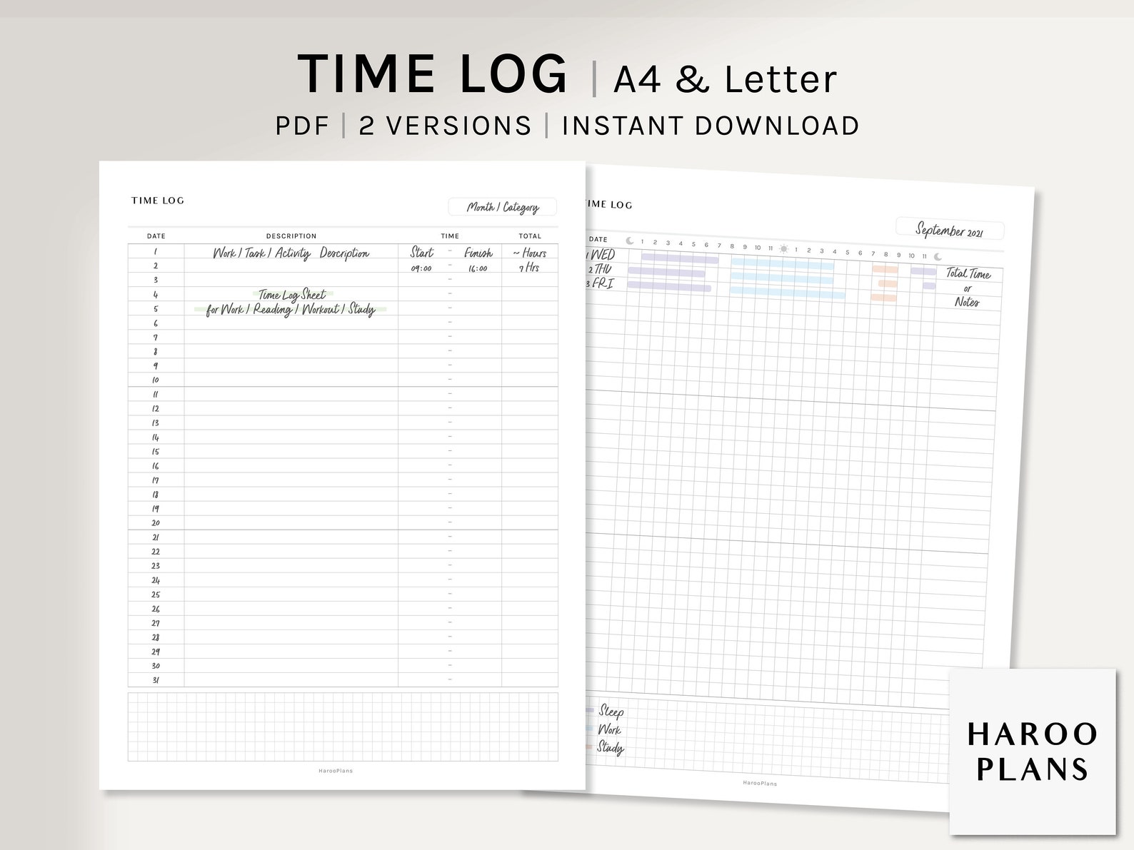 Time Insert Paper Time Log | A4, US Letter Printable Planner Inserts | Work Activity Time ...