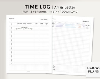 May include: Two printable time log sheets in PDF format. The first sheet is a list format with columns for date, description, start time, finish time, and total time. The second sheet is a grid format with columns for each day of the month and rows for different activities. The text "TIME LOG" is at the top of each sheet.