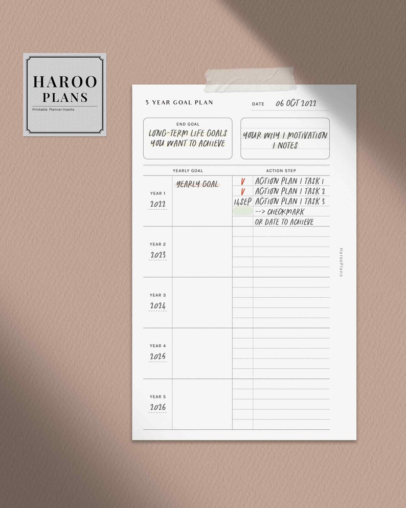 3 and 5 Year Goal Planner | FC Compact Printable Inserts | Life Action ...
