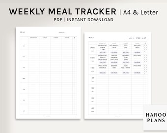 Weekly Meal Tracker | A4, US Letter Printable Planner Inserts | Food Water Intake Log Template PDF | Diet Menu Sheets | Digital Download