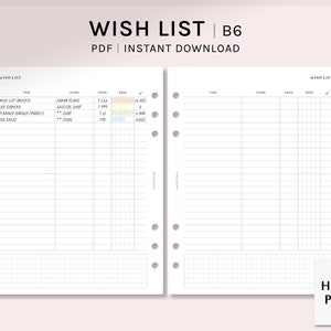 Wunschliste | B6 Ring Druckbare Planereinlagen | Wunschliste Vorlage | Shopping Tracker Bogen | Things To Buy Liste PDF | Digitaler Download