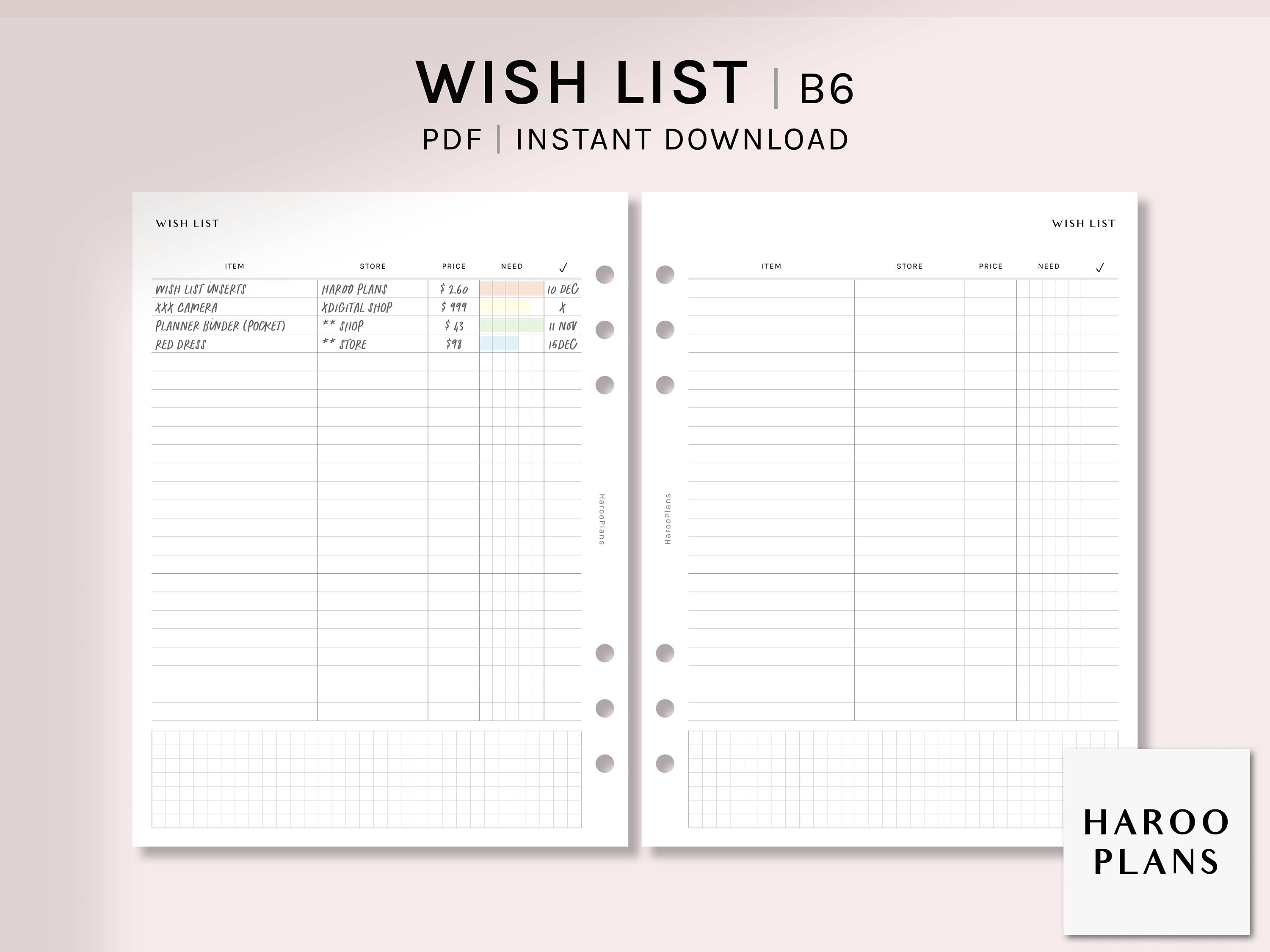 Wish List | B6 Ring Printable Planner Inserts | Wishlist Template | Shopping Tracker Sheet | Things To Buy List PDF | Digital Download