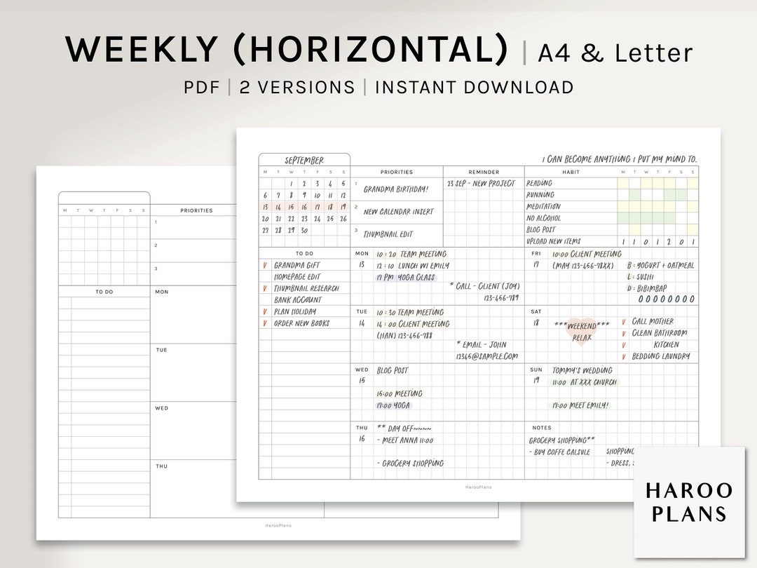 Undated Weekly | A4, US Letter Printable Planner Inserts | WO1P ...