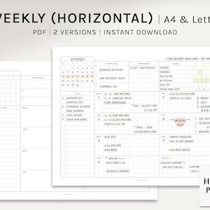 Undated Weekly | A4, US Letter Printable Planner Inserts | WO1P Horizontal Template | Schedule Organizer | Blank Calendar | Digital Download